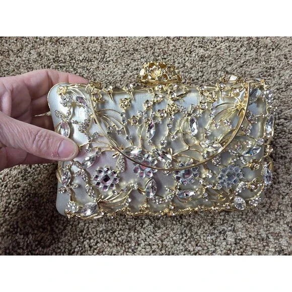 Gold Floral Crystal Metallic Top Handle Clutch Detachable Strap Women - Picture 2 of 7